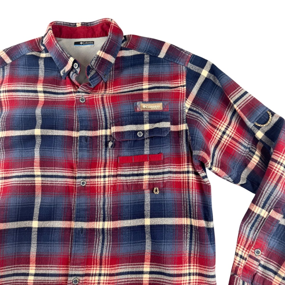 Columbia PHG Mens Large Blue Red Plaid Flannel Hunting Performance Shirt L/G